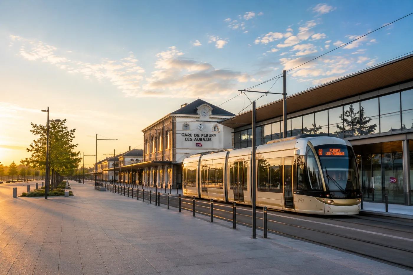 Gare de Fleury-les-Aubrais et tramway au lever du soleil