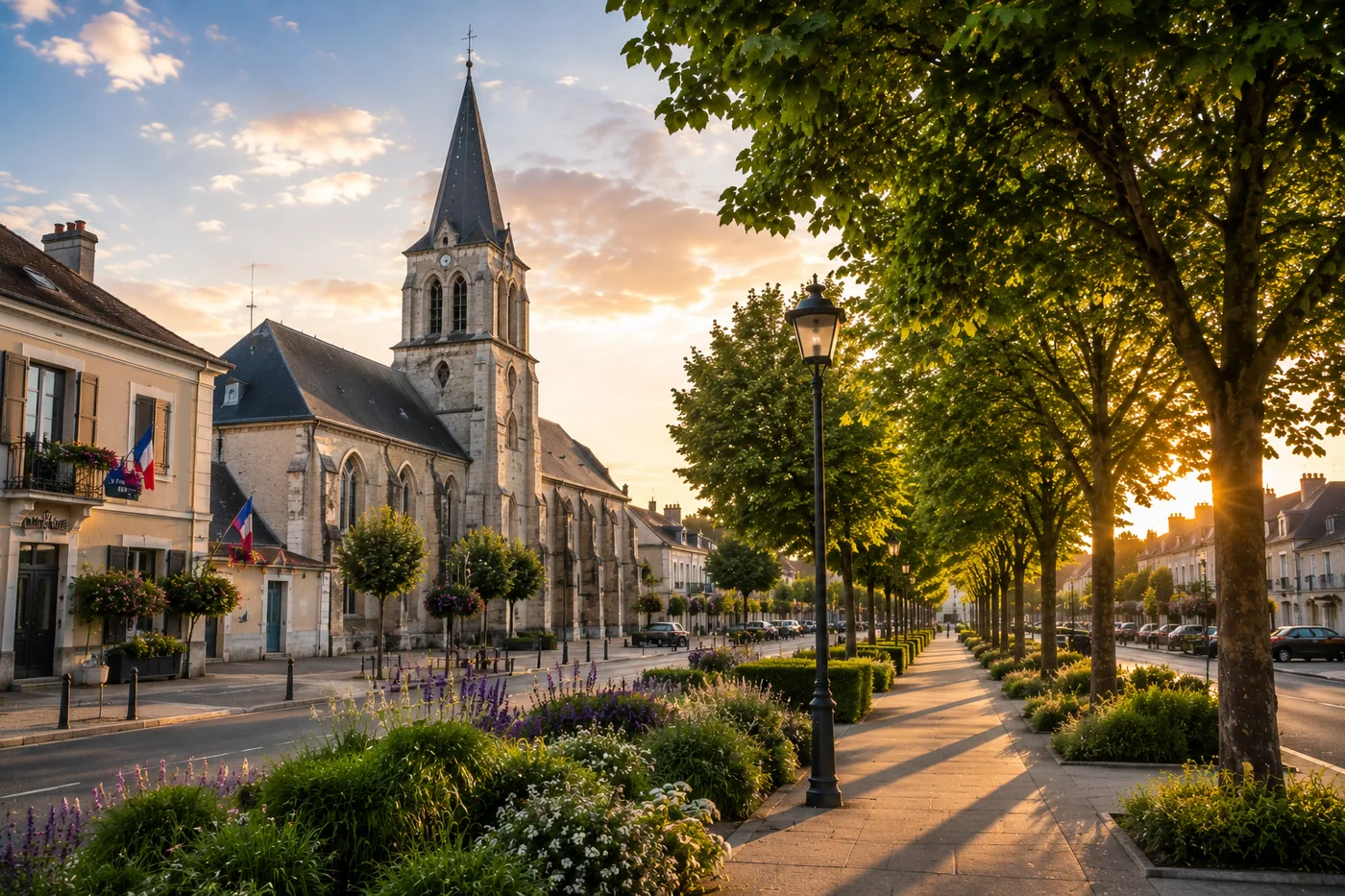 Rue commerçante fleurie et église d'Ingré au coucher du soleil