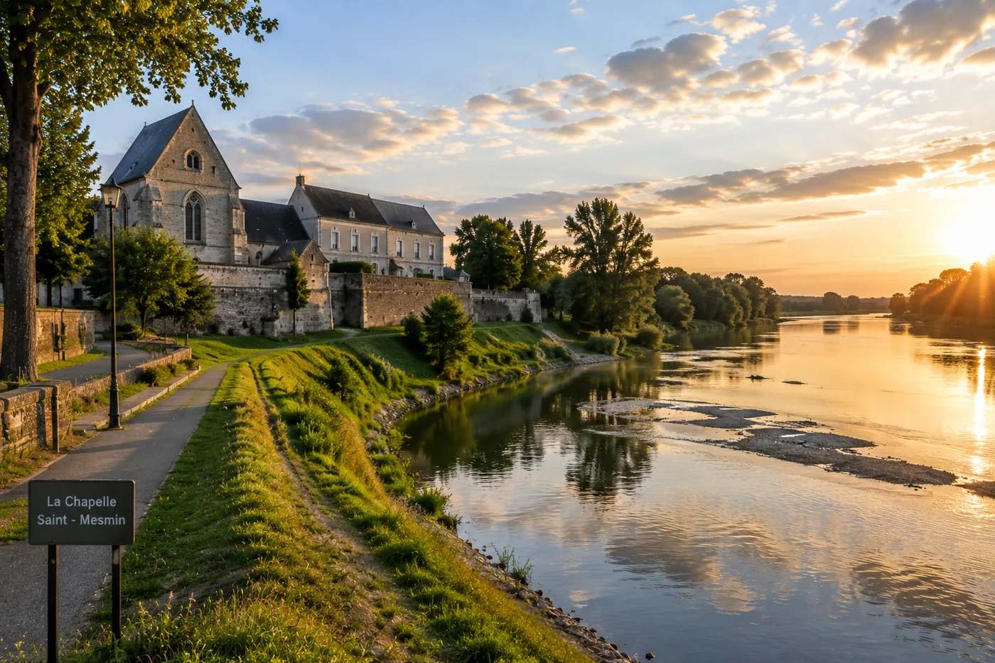 Abbaye et bords de Loire à La Chapelle-Saint-Mesmin, au coucher du soleil