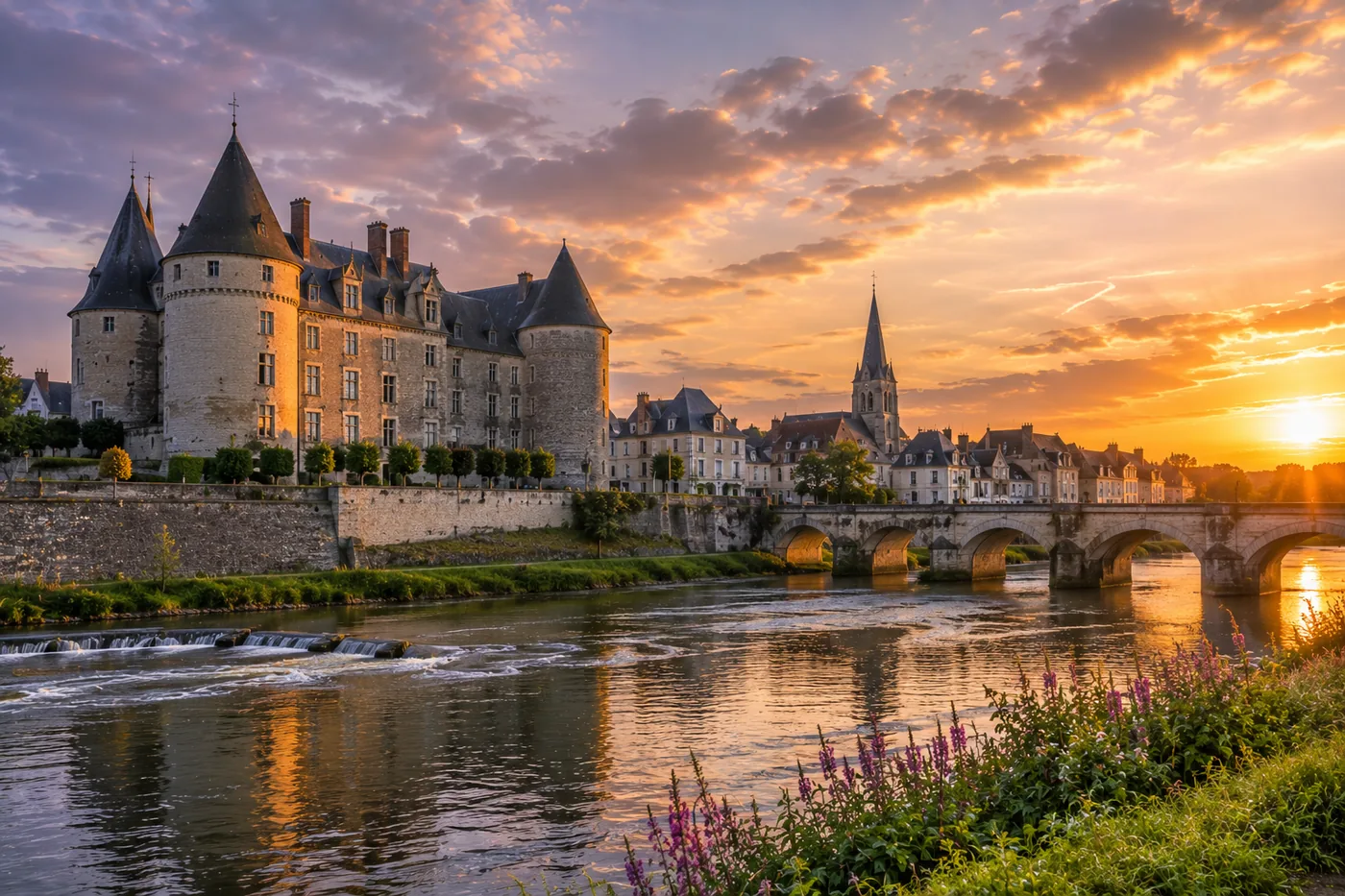 Château de Meung-sur-Loire et pont sur la Loire au coucher du soleil