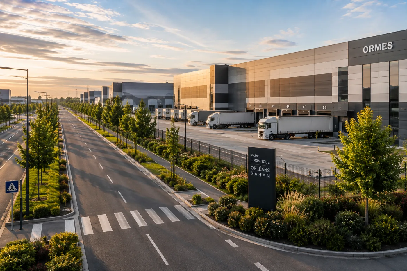 Parc logistique Orléans-Saran à Ormes, entrepôts et zone de chargement au lever du soleil