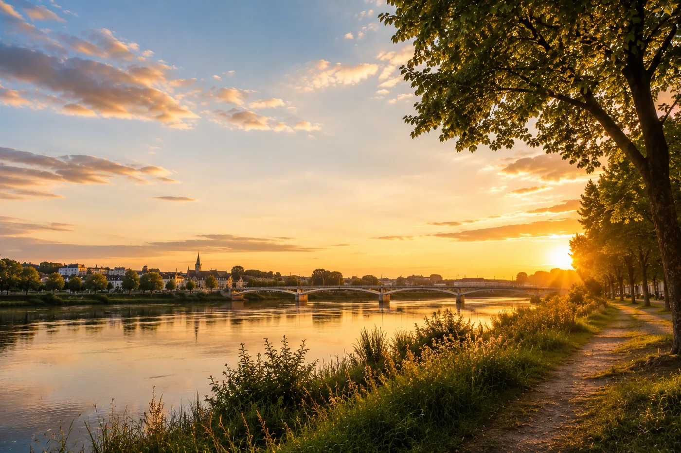 Pont sur la Loire et bords de Loire à Saint-Jean-de-Braye, au coucher du soleil