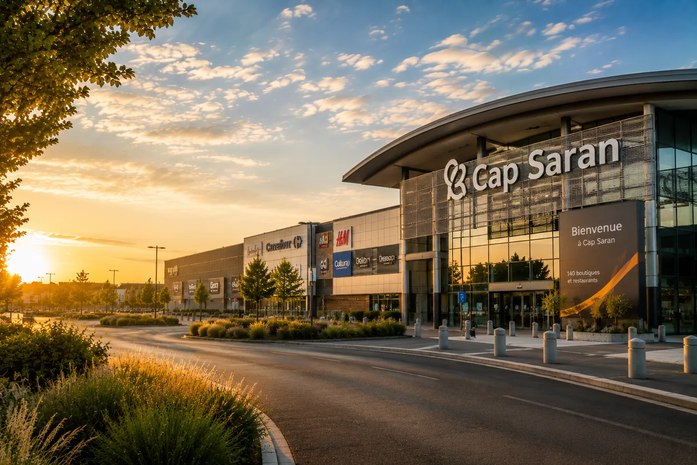 Zone commerciale et logistique de Saran au coucher du soleil